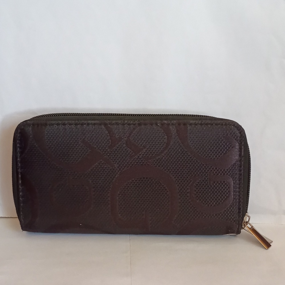 Brown Zip-Around Wallet Logo Pattern Credit Card Coin Pouch Multiple Compartmen…
